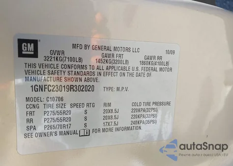 2009 Chevrolet Tahoe Lt1 из США, поврежденный, VIN 1GNFC23019R302020